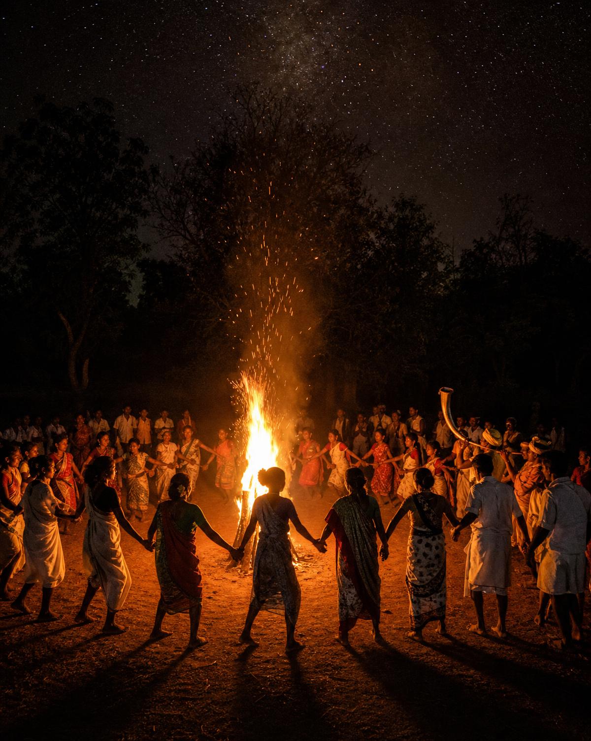 Fire circle under a starry sky